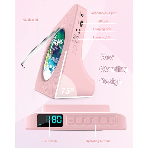 Greadio CD Player Portable with Bluetooth 5.0, HiFi Sound Speaker, CD Music Player with Remote Control, Dust Cover, FM Radio, LED Screen, Support AUX/USB, Headphone Jack for Home, Kids, Kpop, Gift