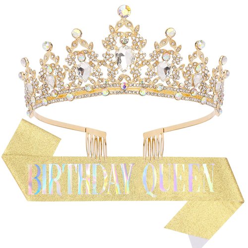 "BIRTHDAY QUEEN" Sash and Tiara for Women Crystal Tiara and Satin Kit for Girl Rhinestones Crown with Comb Glitter Hair Accessories for Prom Party Decoration Cake Topper Accessory Set with Pin (Gold