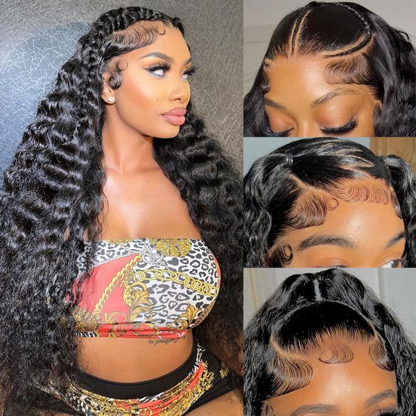 XVE 26 Inch 13x4 Deep Wave Lace Front Wigs Human Hair Pre Plucked 180 Density HD Transparent Lace Frontal Wig Wet And Wavy Lace Front Wigs Human Hair For Women Curly Glueless Wigs Natural Black