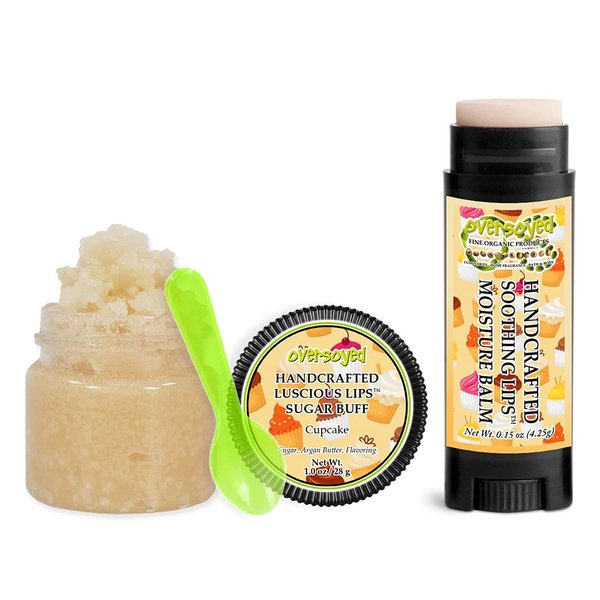 Cupcake Soothing & Luscious Lips by OverSoyed Exfoliator & Chapped Lip Repair Lip Care Combo | Artisan Handcrafted to Order Creamy Buttery Frosting Vanilla Sugar Anise Flavored Exfoliating Sugar Lip Scrub & Lip Moisturizer Balm Gift Set
