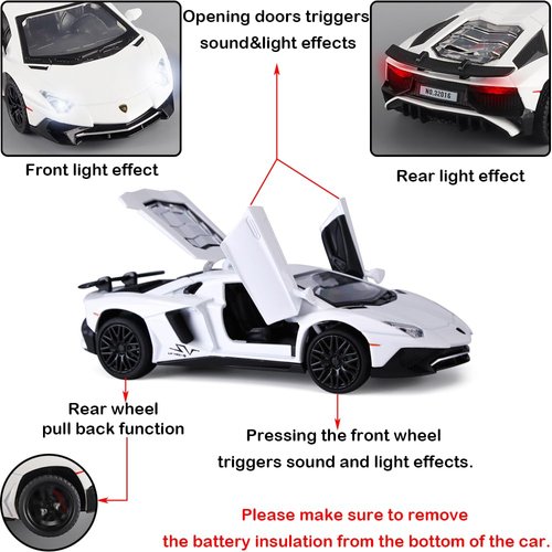 White Lambo Aventador Toy Car Model Pull Back Vehicles Diecast with Light & Sound