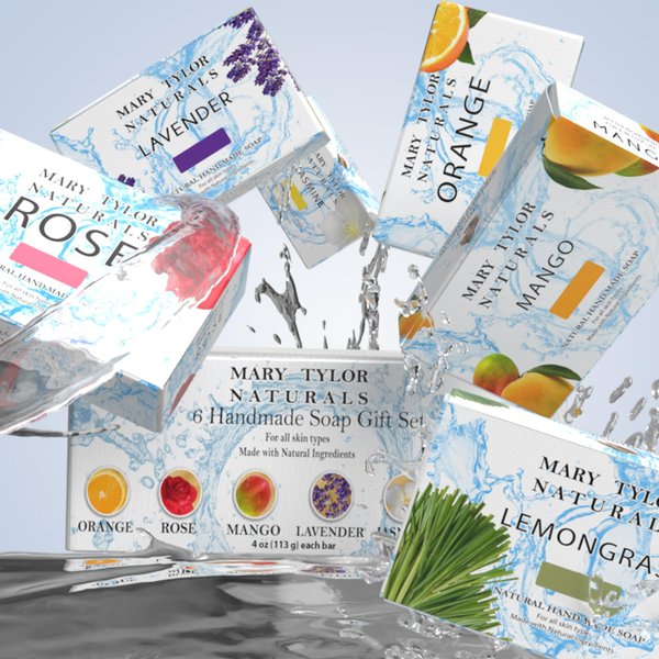 Mary Tylor Naturals Natural Soap Bar (6 Set) — Gift Set Variety Pack for Men & Women — Face and Body Soap — Orange, Rose, Mango, Lavender, Jasmine, Lemongrass — 4 oz each Bar, Hand Made