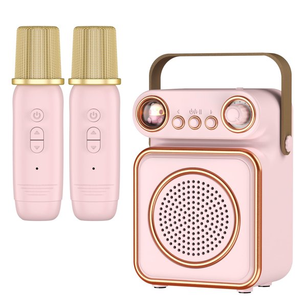 Qoosea Mini Karaoke Machine with 2 Wireless Microphones Portable Bluetooth Microphone with Speaker for Kids and Adults 5W Output Speaker with Light Birthday Gifts for Girls Ages 4~12+ Years Old (Pink)