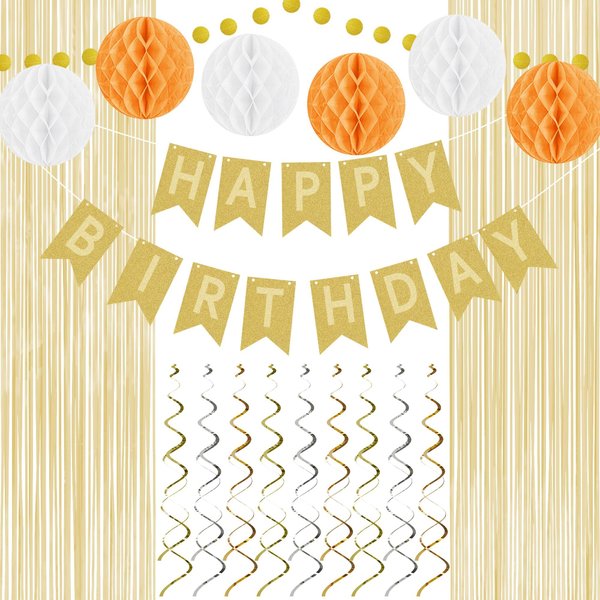 Wokceer Birthday Decorations Gold Happy Birthday Banner with Honeycomb Balls, Hanging Swirl Streamers, Circle Dots Garland, Foil Curtain Birthday Decorations Kit for Women Men Boys Girls