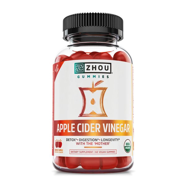 Zhou Nutrition Apple Cider Vinegar Gummies with The Mother, ACV Detox & Cleanse, Natural Probiotics, Digestion Support, Heart Health, Gelatin-Free, Vegan, Gluten-Free, Non-GMO, 60 Count