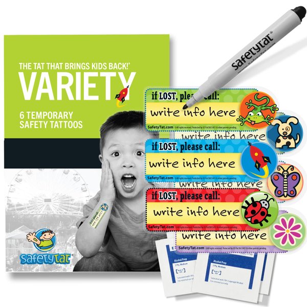 Variety 6pk SafetyTat Child ID Tattoos includes skin prep wipes and tattoo marking pen