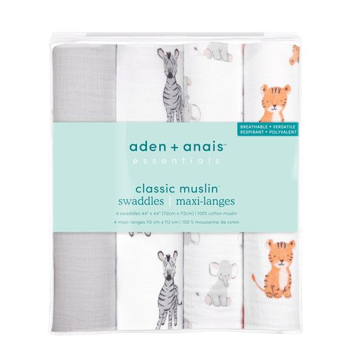 aden + anais Essentials Muslin Swaddle Blankets for Baby Girls and Boys, Newborn Receiving Blanket for Swaddling, 100% Cotton Baby Swaddle Wrap, 4 Pack, Safari Babes