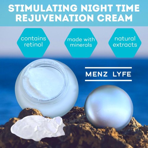 Menz Lyfe Men's Retinol Night Cream Anti-Aging Hydrating Firming Ceramides Mushroom Algae Extracts for Fine Lines Wrinkles Deep Hydration Gluten Free Paraben Free 1.6oz Glass Jar