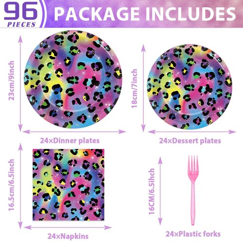 96Pcs Neon Rainbow Leopard Birthday Party Supplies Cheetah Party Plates and Napkins Neon Rainbow Leopard Party Disposable Tableware Decorations for Neon Baby Shower Party Favors for 24 Guests