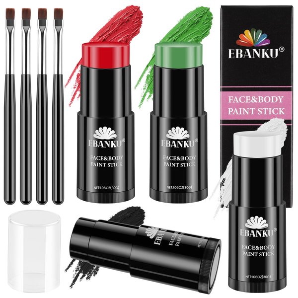 EBANKU 4Colors Face Body Paint Stick Oil, White Eye Black Sticks for Sports, Cream Skeleton Joker Mime Foundation Makeup, Face Painting Kit for Christmas SFX Cosplay Costume Party