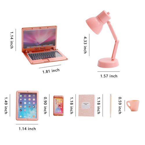 7 Pcs Miniature Laptop Tablet Phone Mini Books Desk Lamp Miniature Office Mini House Accessories, Pink