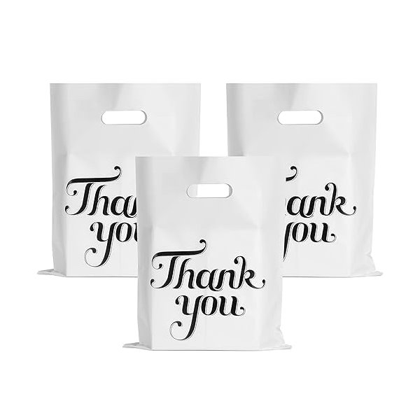 Thank You Bags for Small Business, 12 X 16 Inch Plastic Shopping Bags with Handles Retail Merchandise Bag Extra Thick Gift Bag Bulk (WHITE, 12" X 16")