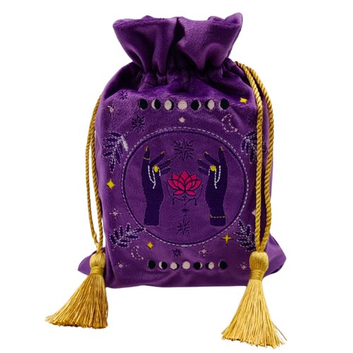 La Muci Velvet Tarot Card Bag - Drawstring Pouch for Tarot Deck Storage - Magic Purple Moon Lotus Bag- Jewelry Storage & Gift Bag with Gold Tassel Drawstrings, 6.6 x 9 inches