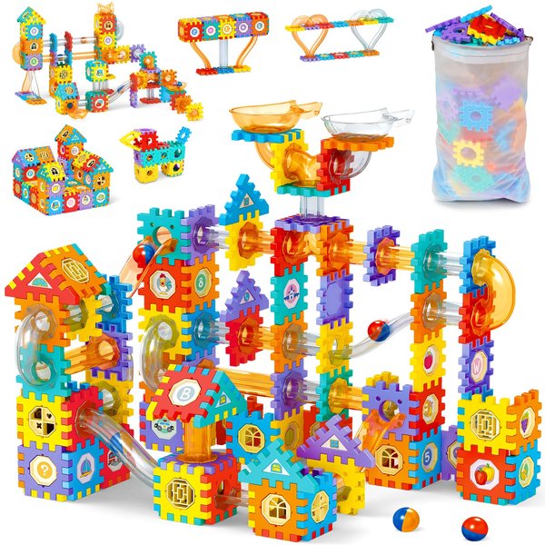 201pcs Stem Building Toys For Kids Ages 4-8 Marble Run Race Track Toy Set Stem Toy for 4 5 6 7+ Year Old Waffle Blocks Child Brain Development Kit Boy Toys Construction Learning Educational Girl Toys