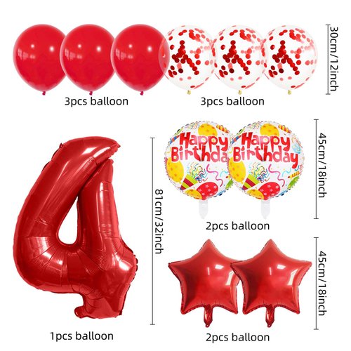 32 Inch 4 Balloon Number, Red Balloons, Red Confetti Latex Balloon Foil Balloons Mylar Balloons Number 4 Balloons for Anniversary Supplies Kids Birthday Party (Red, 4)