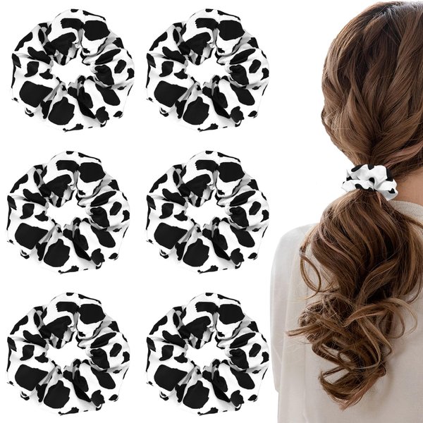 6 Pack Cow Print Hair Band for Women, Non-Slip Elastic Hair Tie Ropes for Ponytail Holder Cows Hair Scrunchies Accessories for Curly Straight Thick Thin Fine Hair