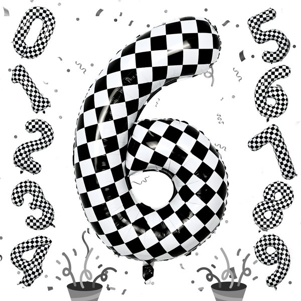 Giant Number Balloons 6, Black and White Checkered Self Inflating 0-9 Set Number Balloon for Kids, 40 Inch Foil Helium Racing 6 Balloon for Boys 6th Birthday Party Race Car Flag Decorations Supplies
