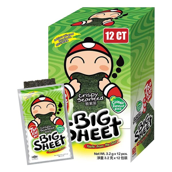 Big Crispy Seaweed Snack Sheets by Tao Kae Noi | Classic Thai Seaweed Chip | Healthy Nori Snacks for Kids and Adults | 12 Individually Wrapped Sheets per Box, 3.2g each