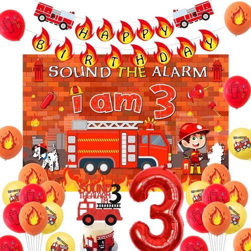 Fire Truck 3rd Birthday Decoration Sound the Alarm I Am 3 Birthday Decorations Sound the Alarm I Am Happy Birthday Banner, Backdrop, Cake Topper Firemen Birthday Decorations for 3rd Birthday Supplies