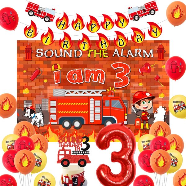 Fire Truck 3rd Birthday Decoration Sound the Alarm I Am 3 Birthday Decorations Sound the Alarm I Am Happy Birthday Banner, Backdrop, Cake Topper Firemen Birthday Decorations for 3rd Birthday Supplies