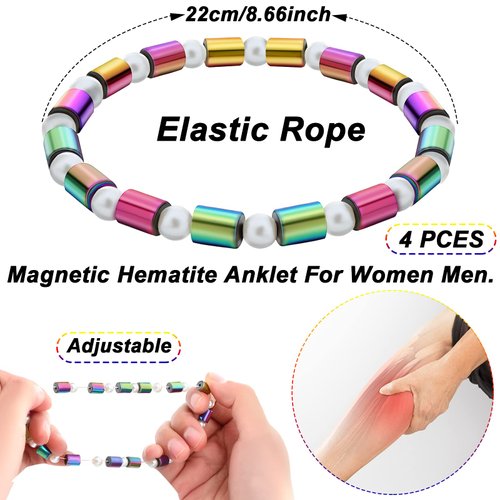 Junkin 4 Pieces Magnetic Hematite Anklets Bracelet Energy Anklets for Women Men Adjustable Magnetic Slim Hematite Pain Anxiety Relief Anti Swelling Anklets