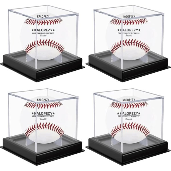 4Pcs Baseball Display Case, with 4 Black Protective Bases UV Protected Acrylic Boxes for Display,Clear Display Case Baseball Cube Memorabilia Showcase Autograph Ball Protector