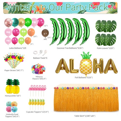 Hawaiian Luau Party Decoration Tropical Aloha Luau Balloons Arch Garland Kit Summer Beach Pool Party Supplies with Coconut Tree Shaped Balloon Set Table Skirt Cake Topper Palm Leaves and Hibiscus