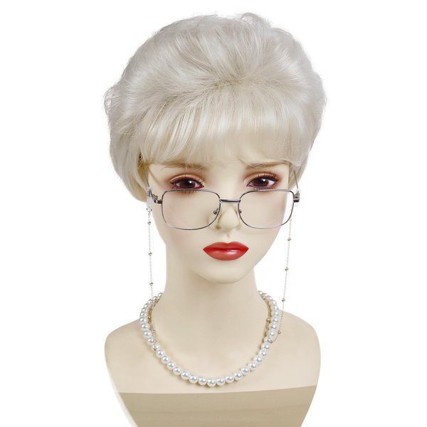 GNIMEGIL Platinum Blonde Short Old Lady Wig Set Synthetic Hair Grandma Wig for 100 Days of School Halloween Costume Granny Mommy Outfits White Women Curly Wig with Glasses, Necklace for Older Kids
