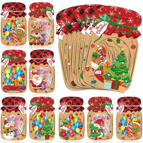 Pasimy 48 Set Christmas Party Favors Christmas Mason Jar Card Candy Bag Christmas Card Craft with Cellophane Goodie Treat Bags DIY Xmas Exchange Cards Gifts for Christmas Party Favors Holiday Supplies