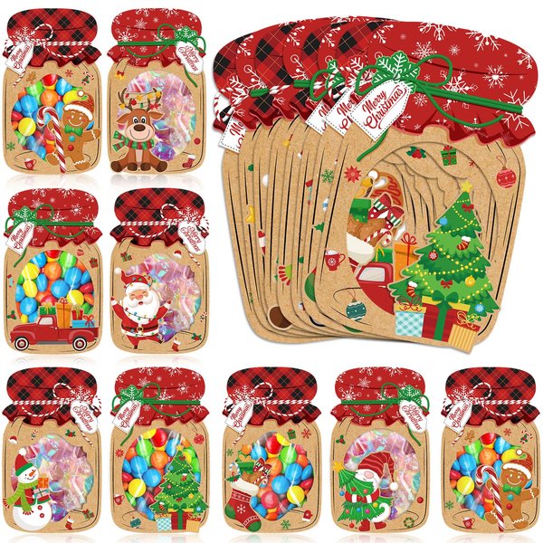 Pasimy 48 Set Christmas Party Favors Christmas Mason Jar Card Candy Bag Christmas Card Craft with Cellophane Goodie Treat Bags DIY Xmas Exchange Cards Gifts for Christmas Party Favors Holiday Supplies