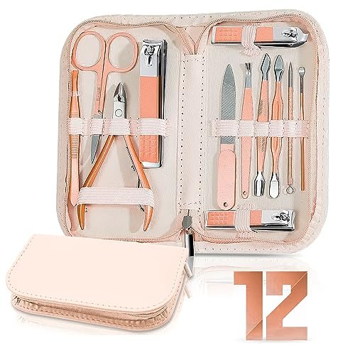 Manicure Set Nail Clipper Set Men Women 12 in 1 Nail Care Kit with Portable Case Travel Manicure Pedicure Tools Grooming Kit Beauty Salon(Rose Gold)