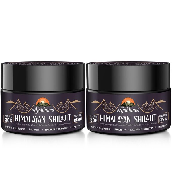 Ajoblanco 600mg Shilajit Pure Himalayan Organic Shilajit Resin - Himalayan Shilajit Resin with Organic Ayurvedic Blend in High Potency for Energy, Strength & Immunity, Pack of 2