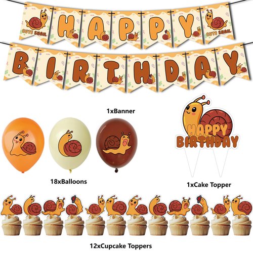 Generic 32Pcs Snail Theme Birthday Party Supplies and Decorations Snail Happy Birthday Banner,Latex Balloon, Cupcake Toppers, Set Animal Birthday Party Supplies for Kids Family