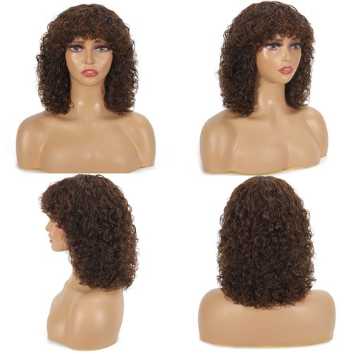 PECWU Curly Wig with Bangs Human Hair None Lace Front Glueless Short Kinky Curly Bob Wigs Afro Curly Wigs for Black Women Jerry Curly Wig Human Hair 200 Density Chocolate Brown (Chocolate Brown, 14")
