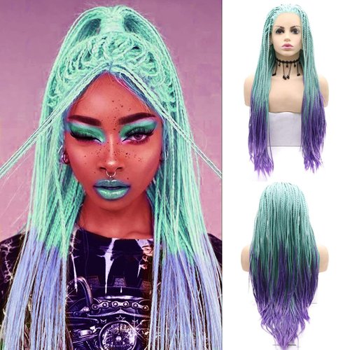 Blue Braided Wigs Lace Front Wigs for Black Women Micro Braided Box Braids Ombre Mint Green Blue Wig Fully Hand Tied Braided Wig Synthetic Heat Resistant Fiber Hair Cosplay Makeup Daily 28 Inch