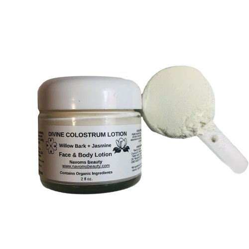 Organic Collostrum Lotion with Jasmine and Willow Bark, Collostrum Cream, All Purpose Face & Body Lotion| All Ages, Skin Types | (2 oz glass jar)