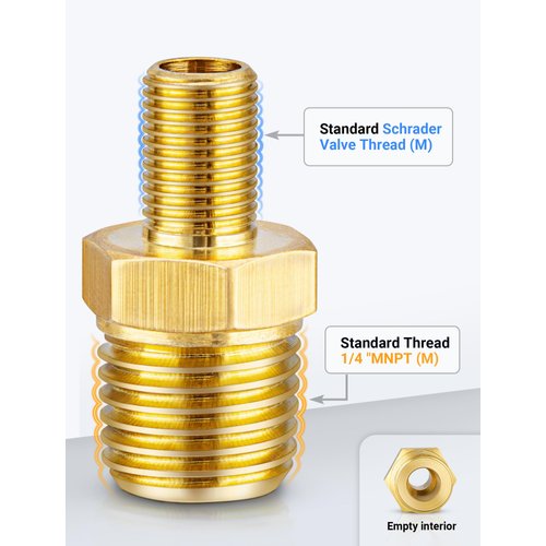 EVOULTES Brass Air Inflator Adapter, 1/4" NPT (M) to Standard Schrader Valve (M), Tire Inflator Connector for Auto Portable Air Compressor/Pump, Air Hose, Air Chuck (2 Packs)