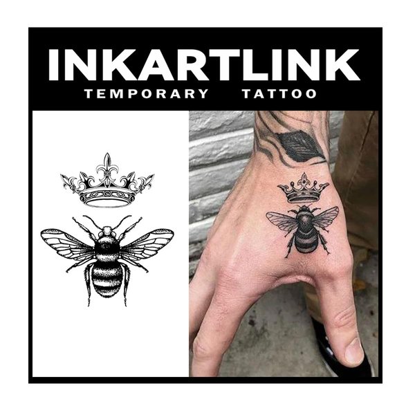 INKARTLINK Tattoo Tech, 3 Sheets Small Semi Permanent Tattoo, Adult Art Design Temporary Tattoos, Lasts 1-2 Weeks, Waterproof, Realistic Look, No Adhesive, No Reflection (Crown and Bee)