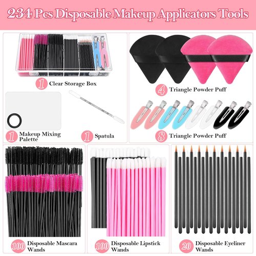 Disposable Makeup Applicators Kit with Makeup Puff Makeup Mixing Palette Makeup Artist Supplies Accessories Mascara Wands, Lip Brushes, Hair Clips Powder Puffs for Face with Storage Box