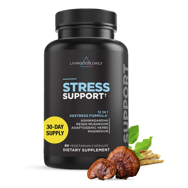 Livingood Daily De-Stress Relief Supplement, 60 Vegetarian Capsules - Reishi Mushroom & Ashwagandha Supplements Support Mood & Brain Function - Non-GMO, Gluten-Free, Allergen-Free, & Vegan