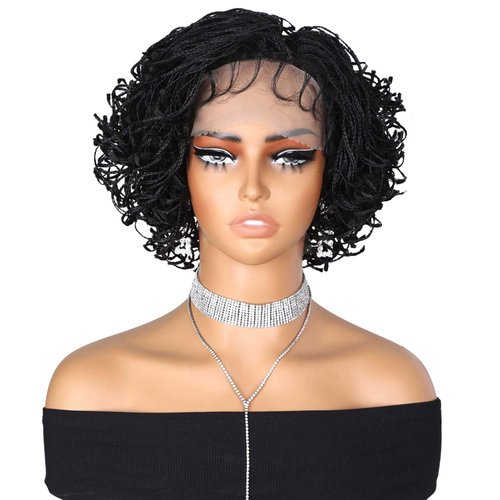 Lady Hanne Micro Twist Braided Double Full Lace Wigs for Black Women Mini Braid Wig with Baby Hair Short Curly Box Braid Lace Synthetic Black Hair