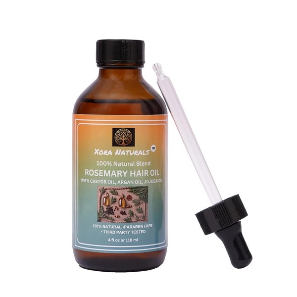 Xora Naturals Rosemary Hair Oil | With Castor Oil, Argan Oil, Jojoba Oil | Hair Strengthening | Hair Moisturizing and Volumizing | 4 fl oz(118 ml) Amber Glass Bottle