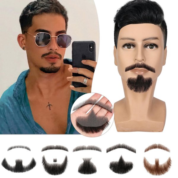 Fanguilar 100% Human Hair Full Hand Tied Lace Fake Mustache Goatee Human Hair Fake Beard Realistic Makeup for Drama/Party/Entertainment/Movie Prop for Halloween Funny Cosplay Costume Party