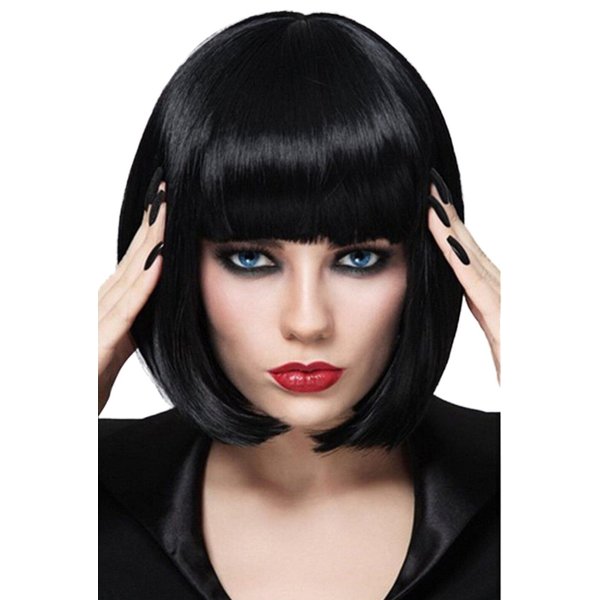 Bopocoko Black Bob Wigs for Women, 12'' Short Black Hair Wig with Bangs, Natural Fashion Synthetic Wig, Cute Colored Wigs for Daily Party Halloween BU027BK