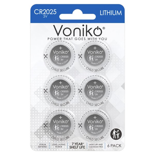 Voniko 3 Volt CR2025 Battery 6 Pack – CR 2025 Button Cell Battery – 2025 Lithium Coin Batteries, 7 Years Shelf Life