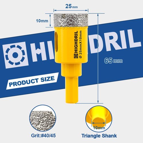 Dry Diamond Core Drill Bit,HIGHDRIL 2pcs Diameter 25mm 1" with Triangle Shank Vacuum Brazed Hole Saw for Concrete Granite Marble Glass Porcelain Tile Masonry Brick