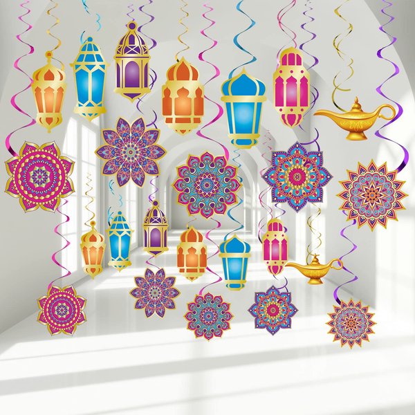 52 Pcs Ramadan Mubarak Decorations Arabian Nights Party Decoration Eid Mubarak Hanging Swirls Ceiling Foil Party Decoration for Indian Moroccan Princess Birthday Supplies