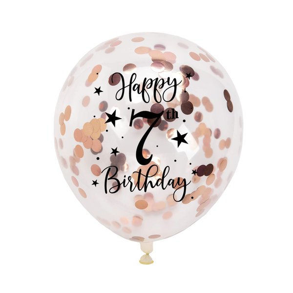 Rose Gold 7th Confetti Latex Balloons, Girls Happy 7 Years Birthday Party Balloon Decoration With Confetti, 12in, 16 Pack