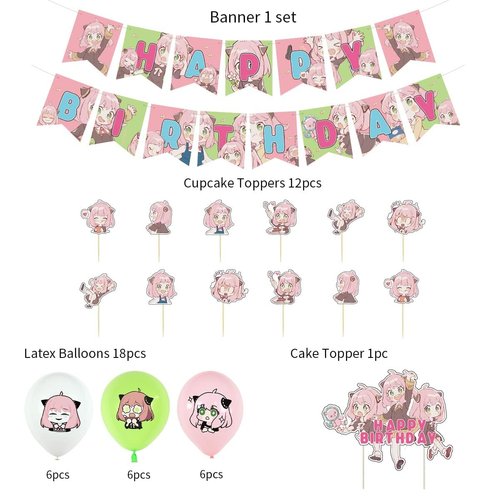 CNEISEJK ANYA Party Decorations Anime Yor Forger Birthday Supplies Includes CupCake Toppers,Cake Toppers,Banner,Balloons,Cartoon Theme Party Favor Pack for Kids (PT-Anya 2403)