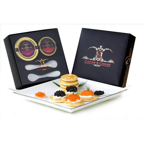 GUARANTEED OVERNIGHT! C&C Gourmet Caviar Gift Basket - 1oz Siberian Osetra - 2oz Fresh French Trout *FREE 2 Mother of Pearl Spoons*